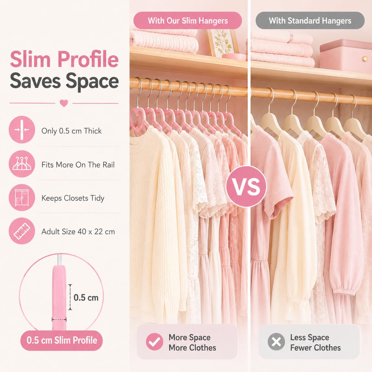 IMIKEYA 20 Pack Pink Heart Clothes Hangers: Non-Slip Plastic Coat Hangers for Adult and Children Slim Space Saving Racks for Shirt Dress Trousers