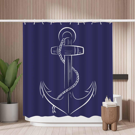 Woutay Shower Curtain Mould Proof Resistant Blue Anchor,Water Repellant Fabric,Polyester,with 12 Plastic Hooks,Size 180x180CM