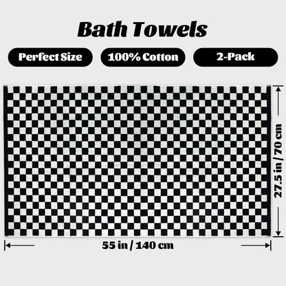Jacquotha Black and White Checkered Bath Towels Set of 2-100% Cotton 27.5"x55" - Soft, Absorbent, Quick Dry Bath Towels for Bathroom, Pool, Beach, Spa