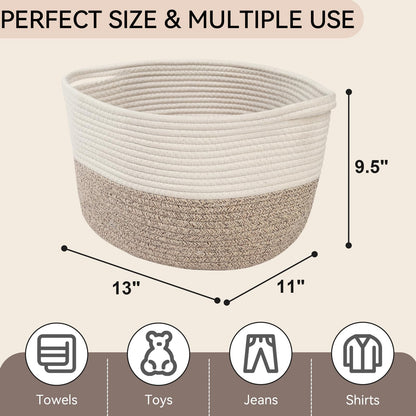 Pomodee White-Brown Cotton Rope Woven Storage Basket with Handle,34×28×24 cm,Storage Baskets for Gifts,Toys,Clothes,Books,Bathroom and Living Room