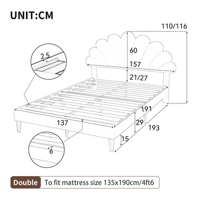 Merax Double bed frame, 4ft6 Double Upholstered Bed, Adjustable Chic Petal Headboard, Sturdy Wooden Slat Support, Velvet Fabric (No Mattress)