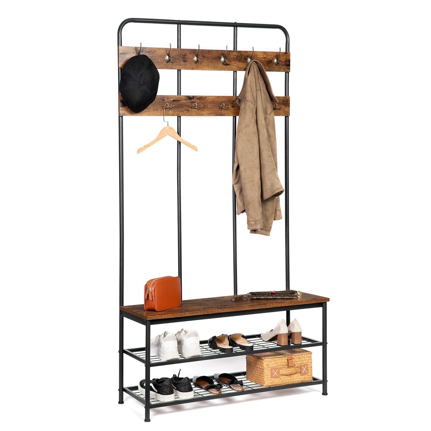 HOOBRO Coat Stand, 182 cm Coat Rack with Shoe Bench, Hall Tree with 12 Hooks, Shoe and Coat Rack for Living Room Entryway Hallway, Industrial Style