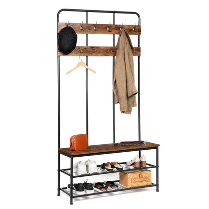 HOOBRO Coat Stand, 182 cm Coat Rack with Shoe Bench, Hall Tree with 12 Hooks, Shoe and Coat Rack for Living Room Entryway Hallway, Industrial Style