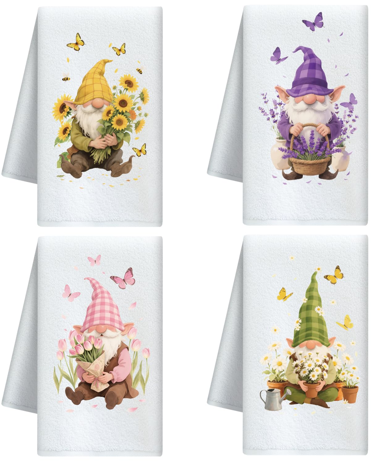 CUTHOLLOW Gnome and Flower Decorative Kitchen Towels Set of 4, 60x40cm Soft & Absorbent Microfiber Dish Towel for Tea Coffee Bar Home, Best Gift for