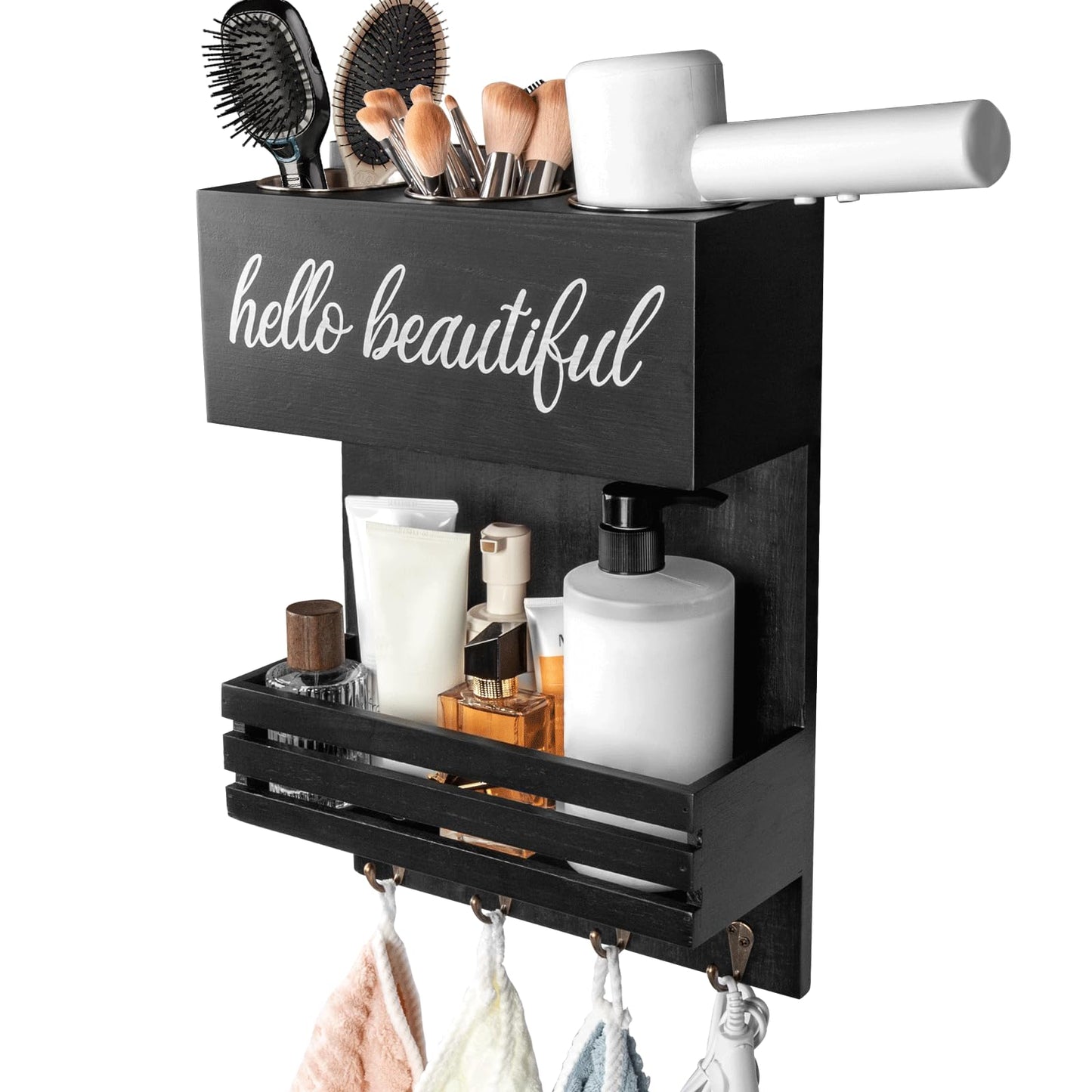 Cokritsm Wooden Hair Dryer Holder Wall-Mounted - 2 Tier Bathroom Storage Shelf Cosmetic & Hairdressing Tools Organizer for Bathroom Countertop/Vanity