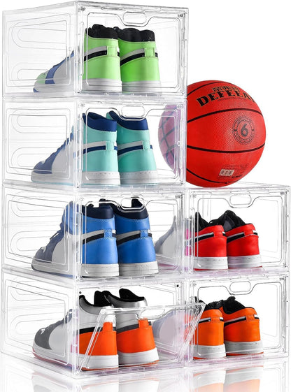 INSTY 6 Pack Modern/Functional Transparent Plastic Shoe Storage Box, Shoe Organizer with Magnetic Door, Stackable, Fits up to US Size 12