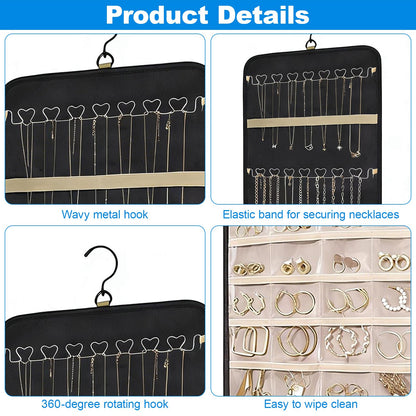 Rthynti Hanging Jewellery Organiser, Dual-Sided Jewellery Storage with Metal Hooks