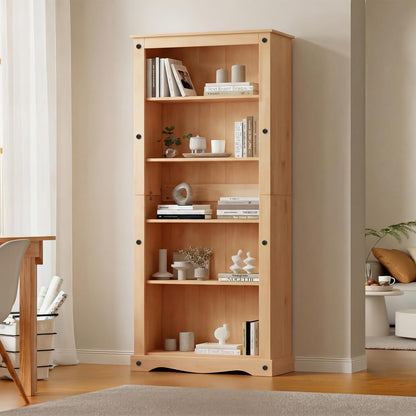 Panana Corona 5 Tier Bookcase, Solid Pine Wood Storage Display Unit Bookshelf Organiser Cabinet Shelf Shelves Rack Unit 80 x 35 x 180 cm