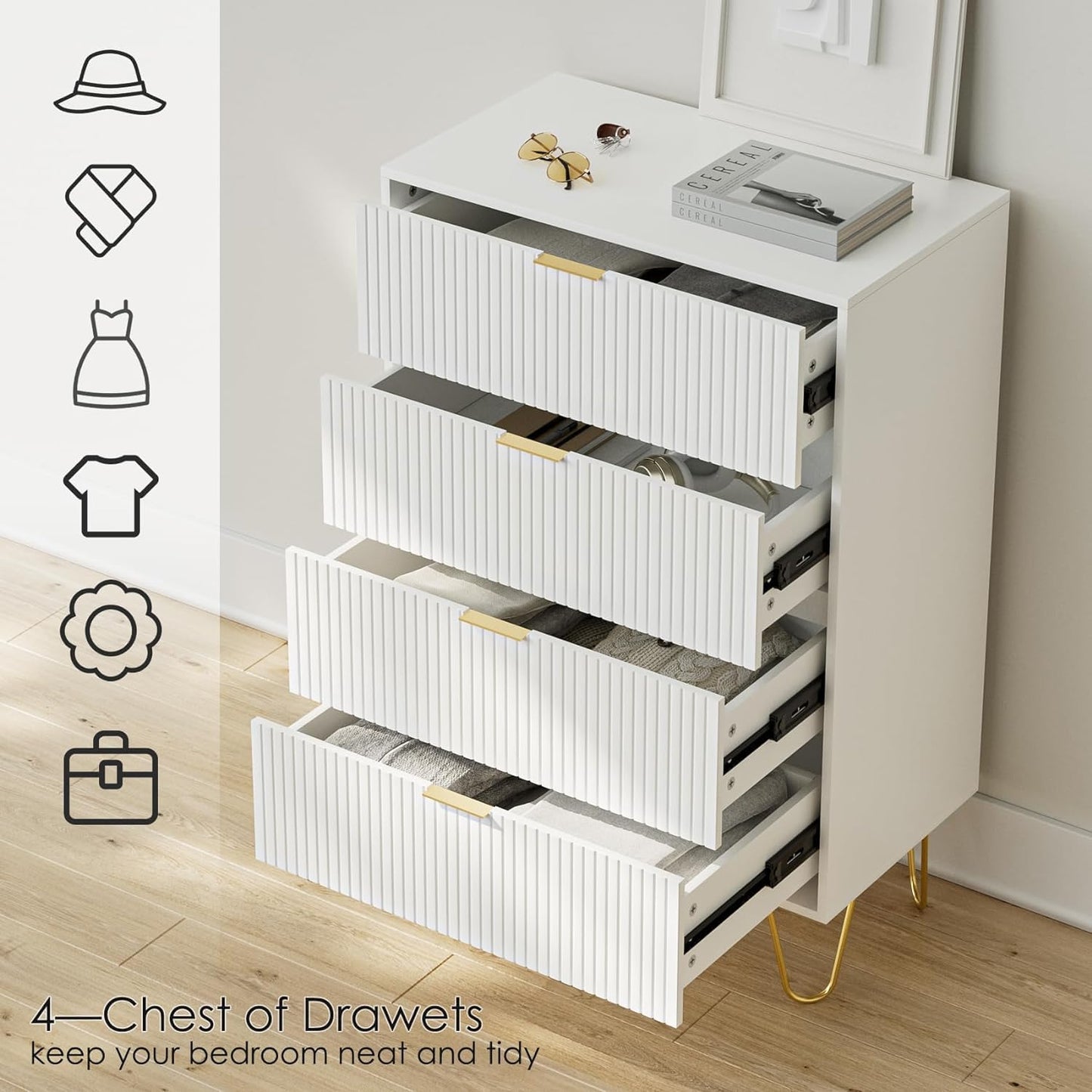 HEYZOEY White Chest of 4 Drawers for Bedroom, 60x34x91cm, Wood Storage Dresser Bedroom Furniture Cabinet for Living Room,Office,Lounge,White