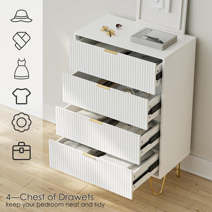 HEYZOEY White Chest of 4 Drawers for Bedroom, 60x34x91cm, Wood Storage Dresser Bedroom Furniture Cabinet for Living Room,Office,Lounge,White