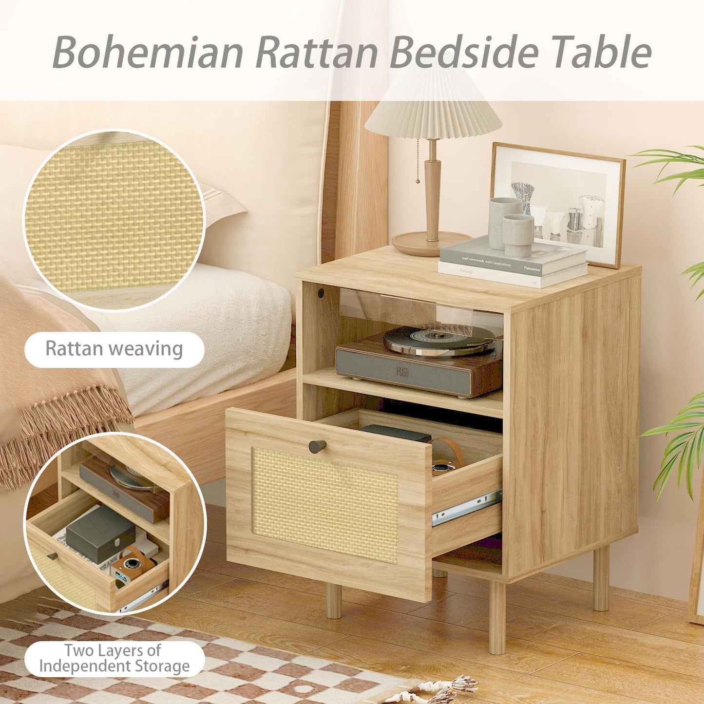 DongRong Bedside Table, Boho Farmhouse Oak Rattan Nightstand with Drawers