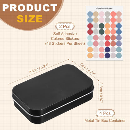 sourcing map 4Pcs Metal Tin Box Container, 3.7x2.4x0.9 Rectangular Empty Box with Self Adhesive Colored Stickers