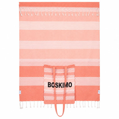 BOSKIMO Large Beach Towel with Sewn Bag 2 in 1 – Fouta Style Sarong with Fringes, 90 x 200 cm – Multipurpose Towel and Bag for Men and Women