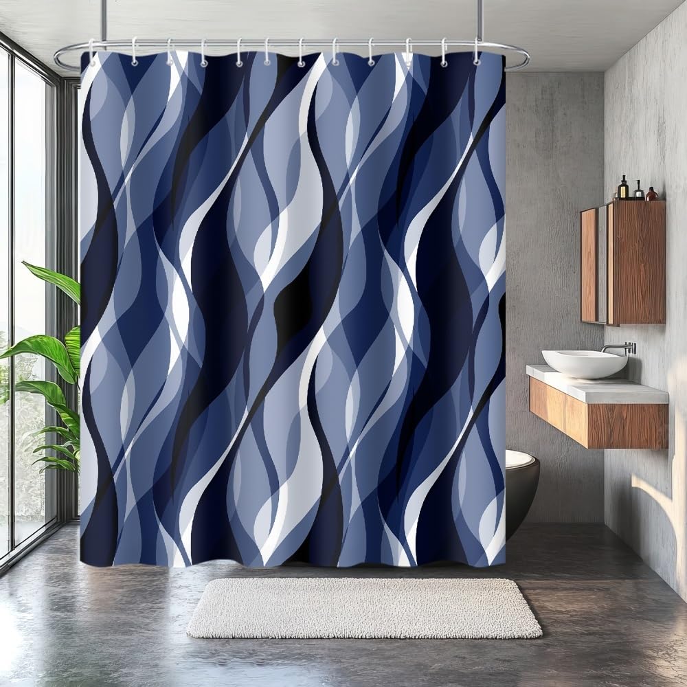 Uiiooazy Anti-Mould Shower Curtain 180 x 200 cm Navy Blue Stripes Dark Blue