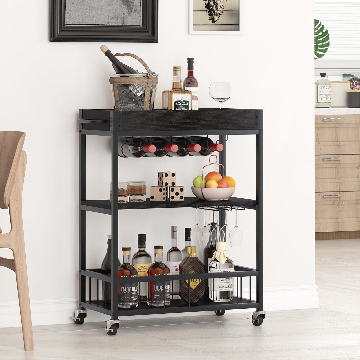 Bar Cart, 3 Tier Serving Trolley, Rolling Wine Trolley, Drinks Trolley
