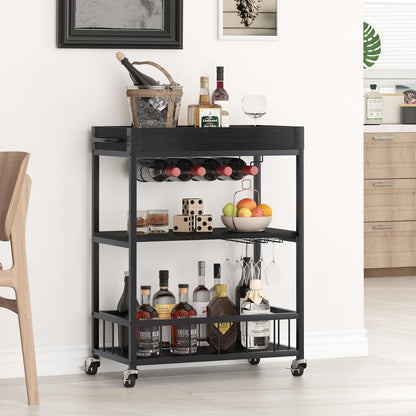 Bar Cart, 3 Tier Serving Trolley, Rolling Wine Trolley, Drinks Trolley