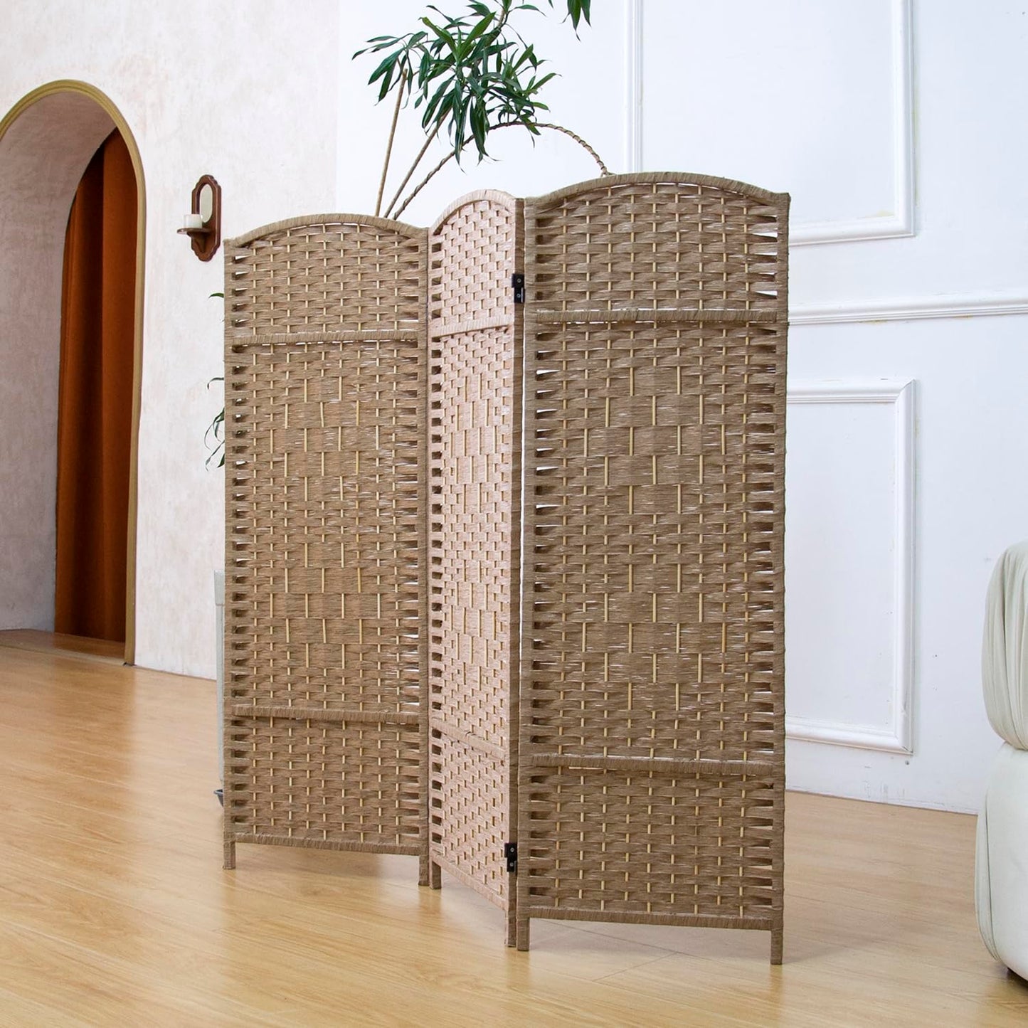 Furnnylane 3 Panel Light Brown Rattan Divider Short Room Partition Screen,Double Sided Short Folding Divider for Room Separation,120 cm Tall