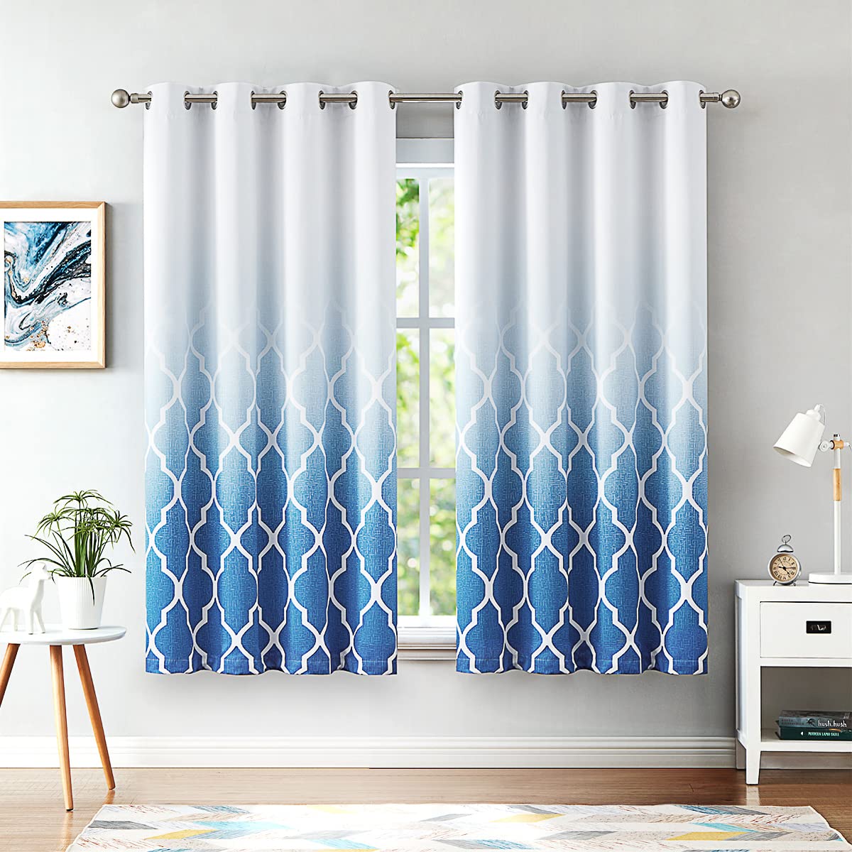 Beauoop Blackout Curtains for Bedroom Blue Ombre Curtains 72 Inch Drop Geometric Print Eyelet Curtain for Living Room Darkening Thermal Insulated