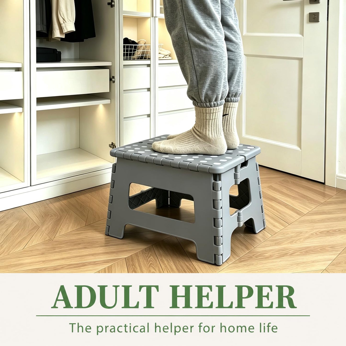 MASS DYNAMIC 9 Inch Folding Step Stool, Portable Plastic Footstool with Carry Handle, Non-Slip Top, Compact Collapsible Seat for Kitchen, Bathroom