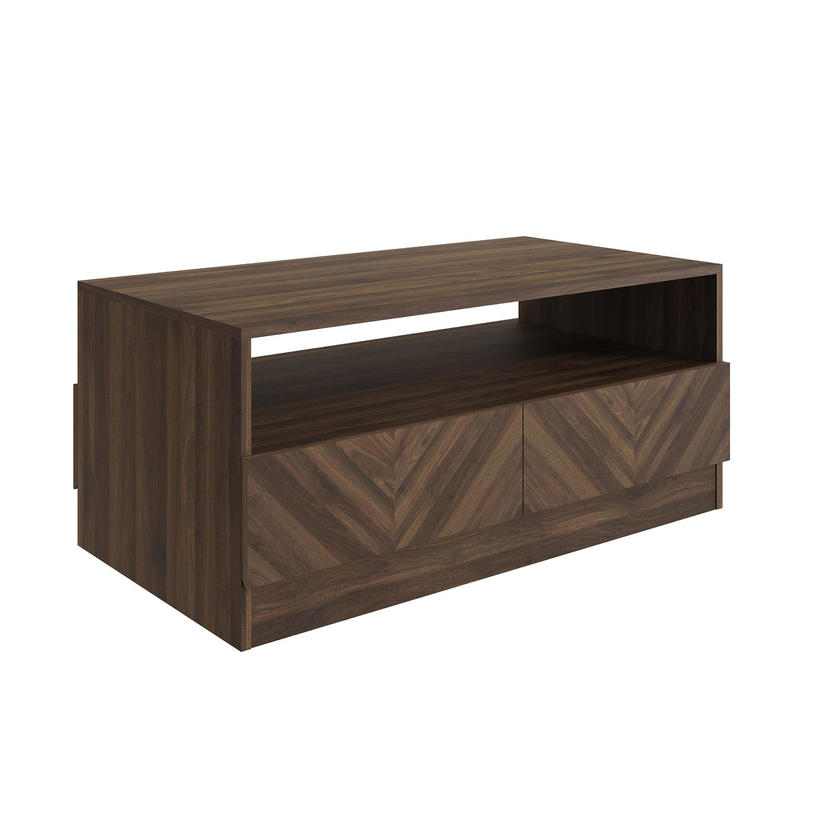 GFW Catania Coffee Table, Royal Walnut Coffee Table with 2 Drawers, Herringbone Wood Grain Finish, Modern Living Room Furniture