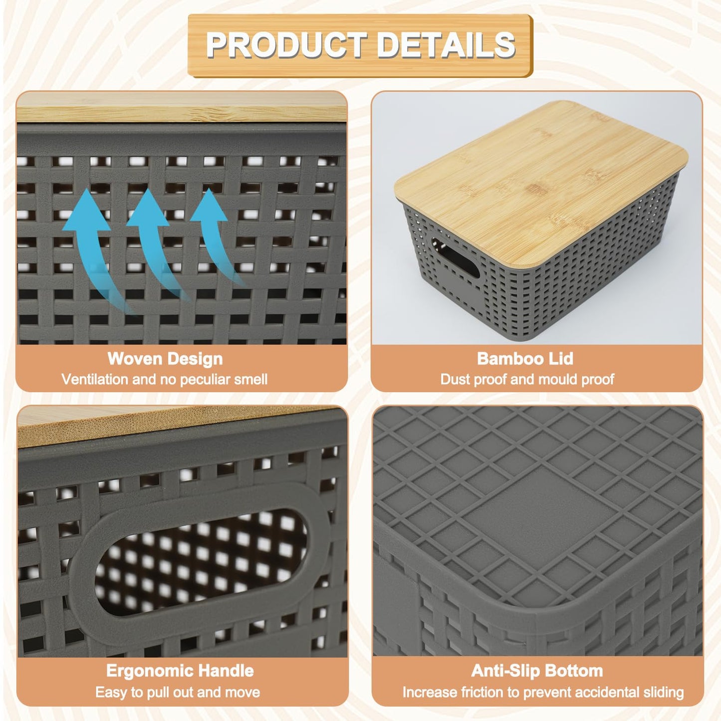 UHAPEER 6 Pack Stackable Plastic Storage Baskets with Bamboo Lid