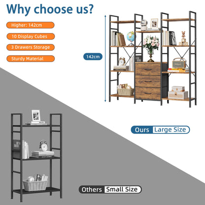 OYRREU 4-Tier Bookcase with Drawers, 100cm Wide Rustic Brown Shelving Unit