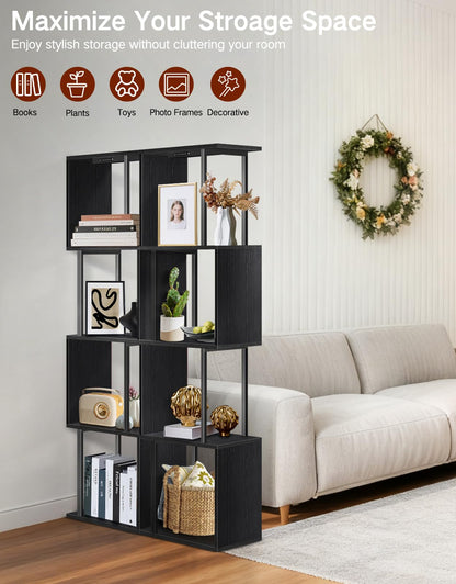 OUTONLIFE 5 Tier S-Shaped Geometric Bookshelf with LED Light, 3 Color Temperatures, Touch & Remote Control, Dimmable Standing Bookcase