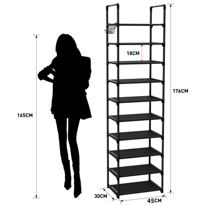 SPUSEN Shoe Rack, 10 Tier Shoe Storage Organizer with Hooks,Fit 20-25 Pairs Shoes,Metal Tall Shoe Shelf for Closet,Entryway,Garage,Bedroom,Cloakroom