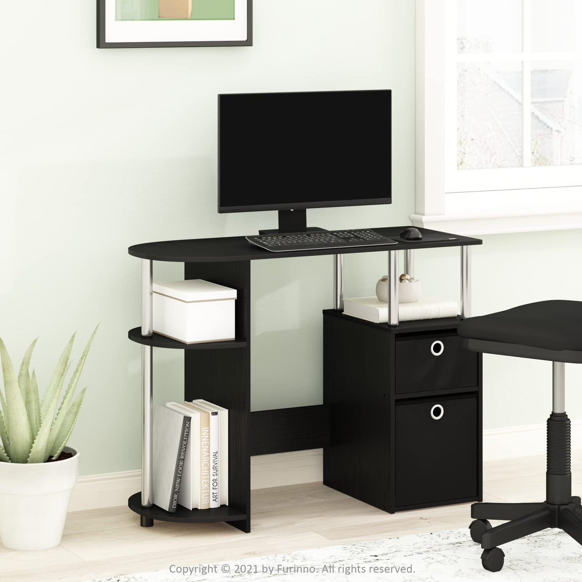 Furinno JAYA Desk, Gaming Desk with Bin Drawers, Computer Study Desk, Office Desk for Home Office, Bedroom, Dorm, Study Room, Americano