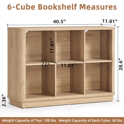 LELELINKY 6 Cube Storage Bookcase, 40" Wide Wooden Book Shelf with Thickened Base, Freestanding 2-Tier Open Book Case Unit with Curved Edge