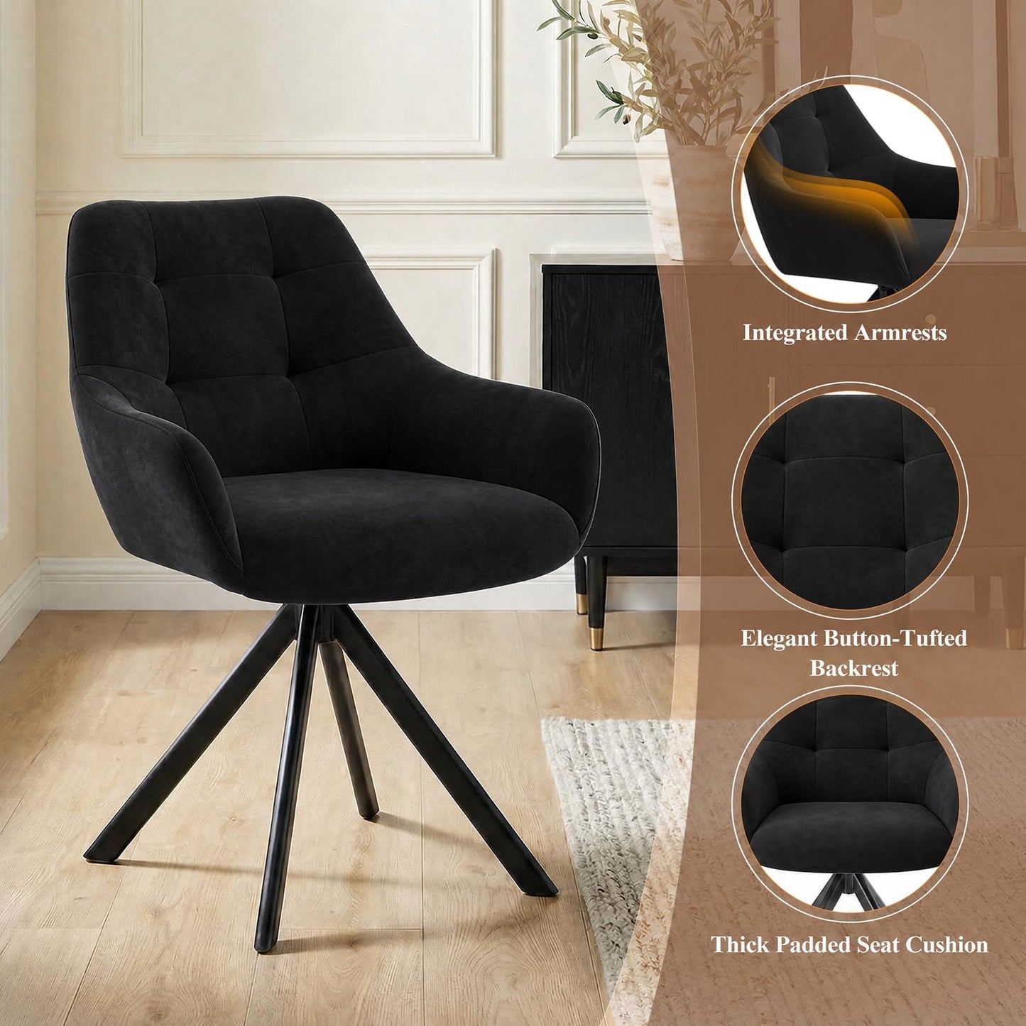 COLAMY 360° Swivel Dining Chairs Set of 2 with Sturdy Metal Base – Luxury Velvet Upholstered Kitchen Chairs with Thick Padded Seat