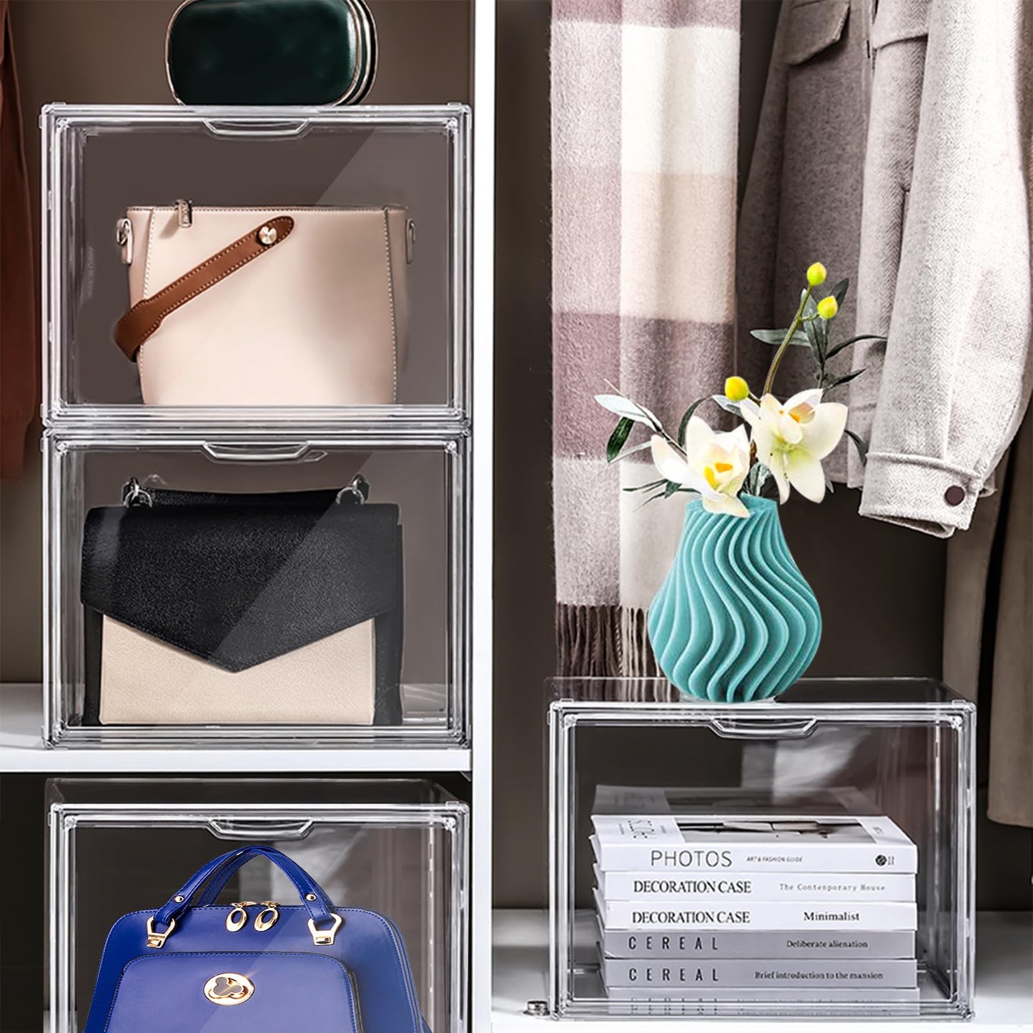 LINYAPRY 4 Packs Clear Plastic Handbag Storage Organizer for Closet, Acrylic Display Case for Purse and Handbag, Stackable Storage Boxes Bag Organizer