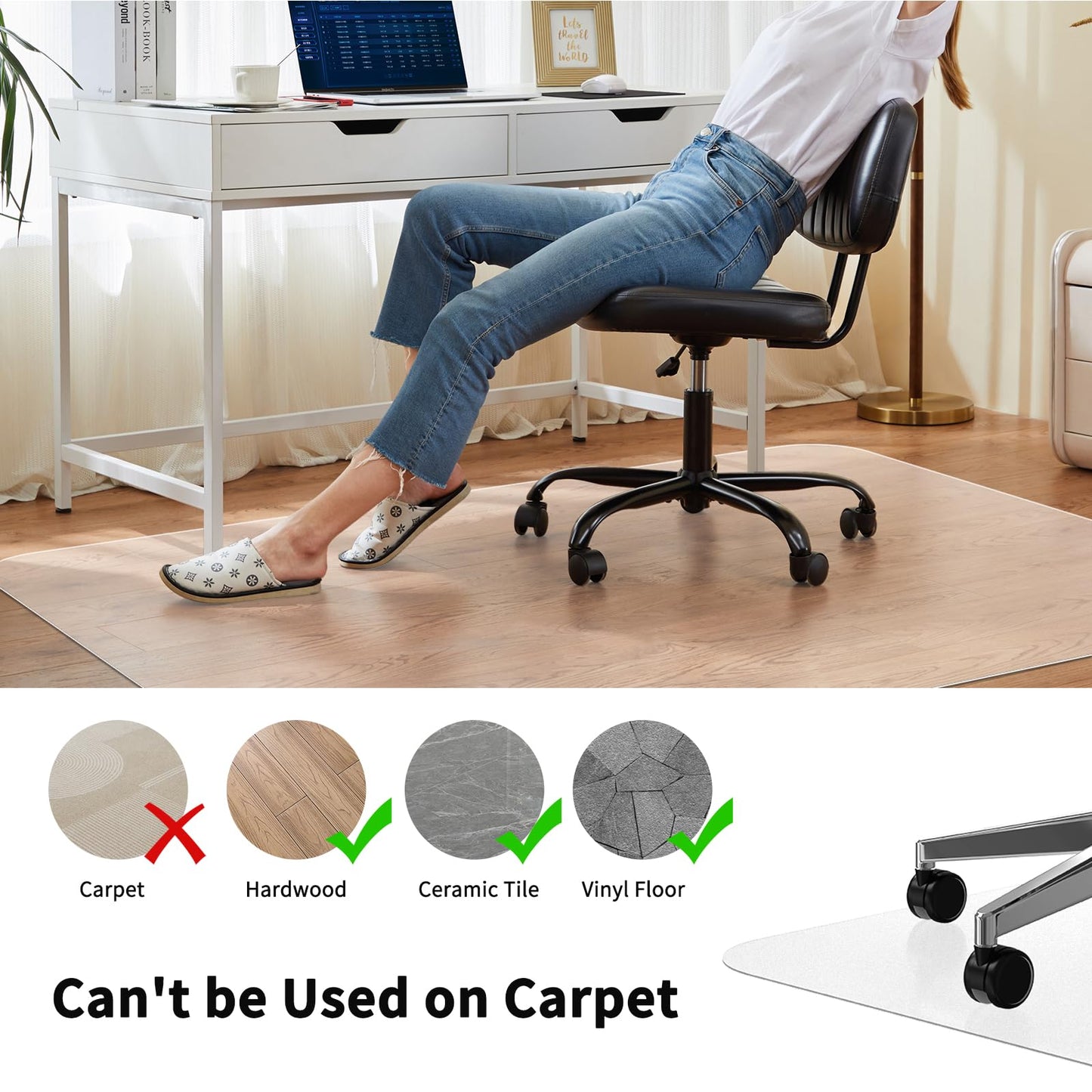 WASJOYE 2PCS Office Chair Mat for Hard Floor 90x120cm