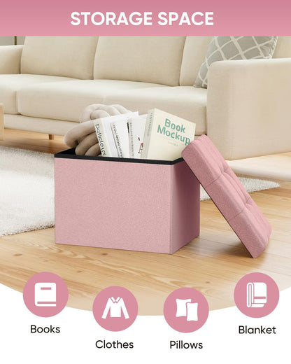 Bonlife Storage Ottoman, Folding Small Foot Rest,Toy Chest Storage Footrest Seat, Footstool for Living Room, Bedroom, Dorm, Fabric,Pink,42x32x32cm