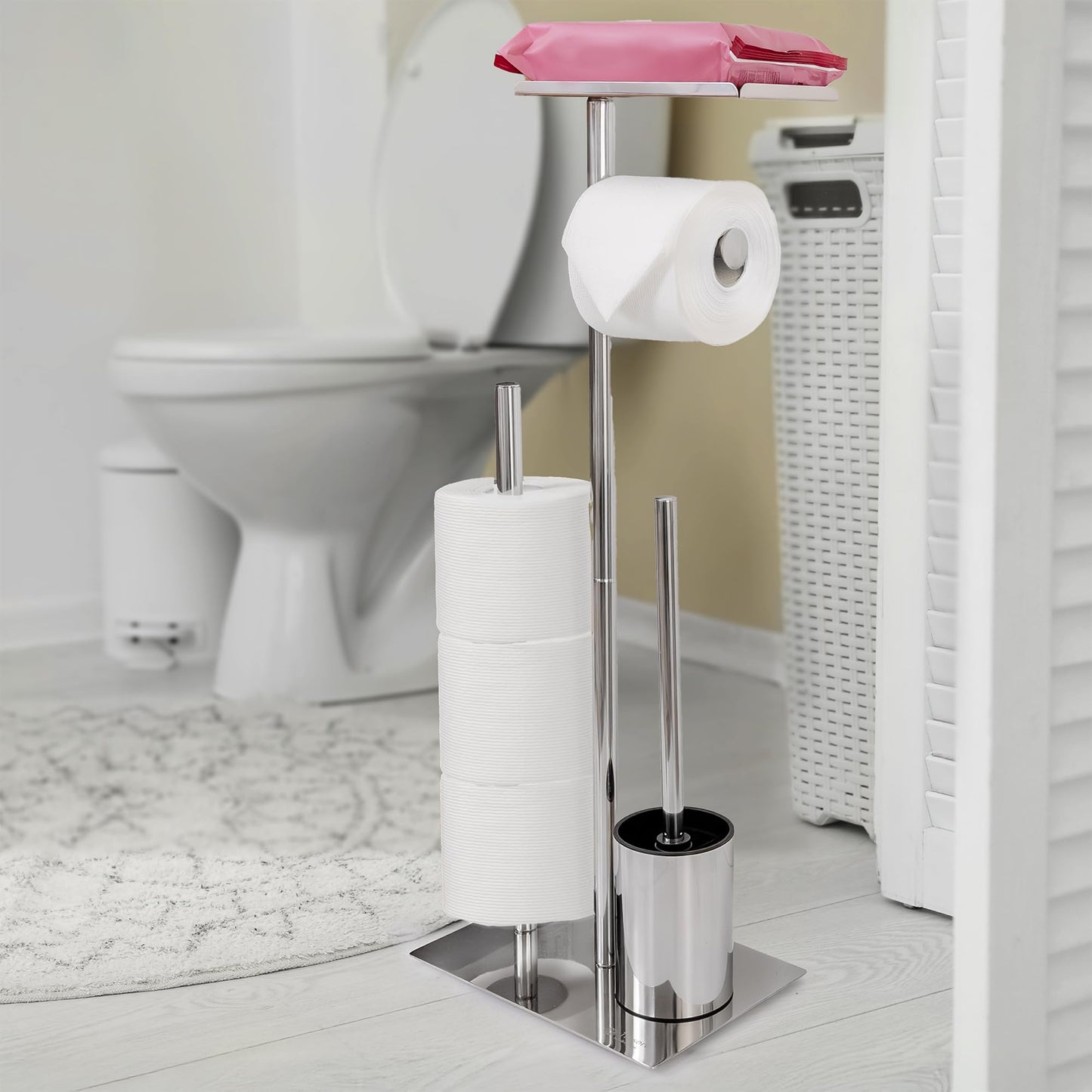 Truserv Free Standing Toilet Roll Holder with Toilet Brush and Wipes or Phone Shelf (Stainless Steel)