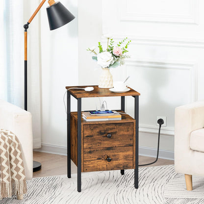 HOOBRO Bedside Table, Side Table with Charging Station, 2 USB Ports and 2 Sockets, End Table with 2 Drawers, Sofa Side Table, Nightstand for Living