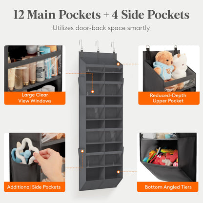 Lifewit Over the Door Storage, Clear Hanging Organiser with 4 Side Pockets, Anti Tilt 40 lbs Load Behind Door for Dorm, University Essentials, Room