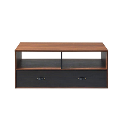 Teamson Home Modern Wooden Rectangular Coffee Table with Drawers and Storage with Leather Handle, Multi Function Coffee Table or TV Stand, Brown/Black