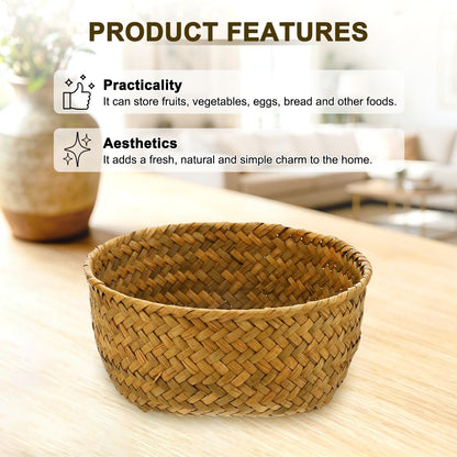 M METERXITY 2-Pack Natural Seagrass Woven Storage Basket, 16cm x 8.5cm Small Round Storage Seaweed Woven Sundries Baskets for