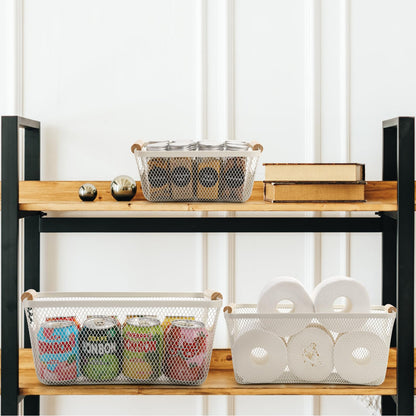 Noamus 3 Pack Metal Mesh Baskets with Wood Handle, Iron Storage Organizer Basket, White Wire Countertop Baskets for Organizing