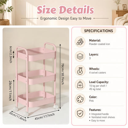 Siocok 3 Tier Metal Storage Trolley on Wheels, Storage Cart, Rolling Utility Cart, Easy Assembly for Home Kitchen, Bathroom Laundry and Office (Pink)