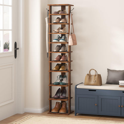 HOME BI 11-Tier Vertical Shoe Rack, Corner Shoe Tower, Slim Shoe Organizer with Two Hanging Hooks, Wooden Shoe Storage Stand for Entryway, Hallway