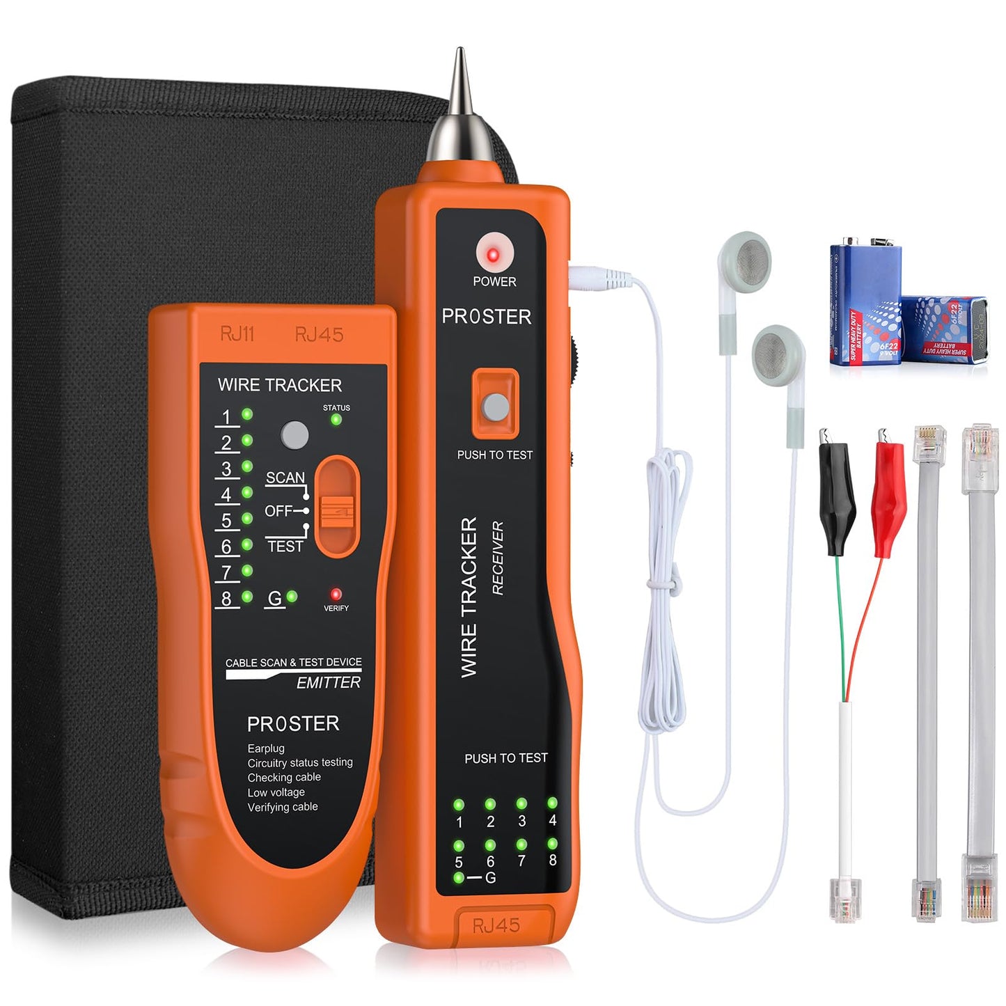 Proster Network Cable Tester Cable Tracer with Battery Earphone Sensitive Wire Tracker Telephone Cable Tester Wire Tracer for LAN Ethernet RJ45 RJ11