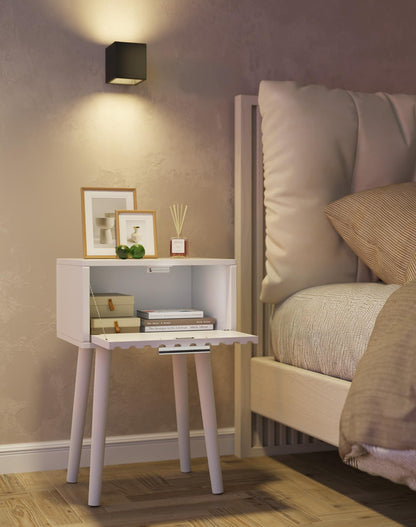 YMYNY Fluted Nightstand Set of 2, Small End Table, Modern Coffee Table with Drawer, Solid Wood Legs, Retaining Chain, 35x27x53cm