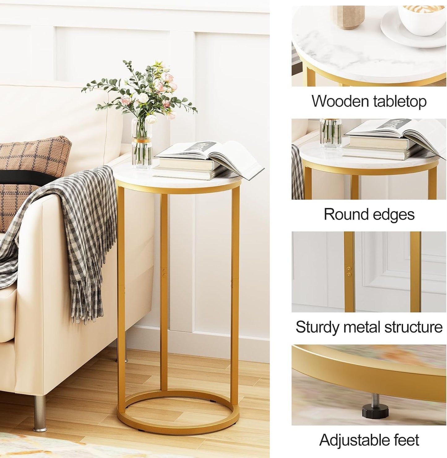 C Shaped End Table, Round Side Table, SofaTable, CoffeeTable Under Sofa, Small Couch Snack Tables, Bedside Tables with Metal Frame for Living Room