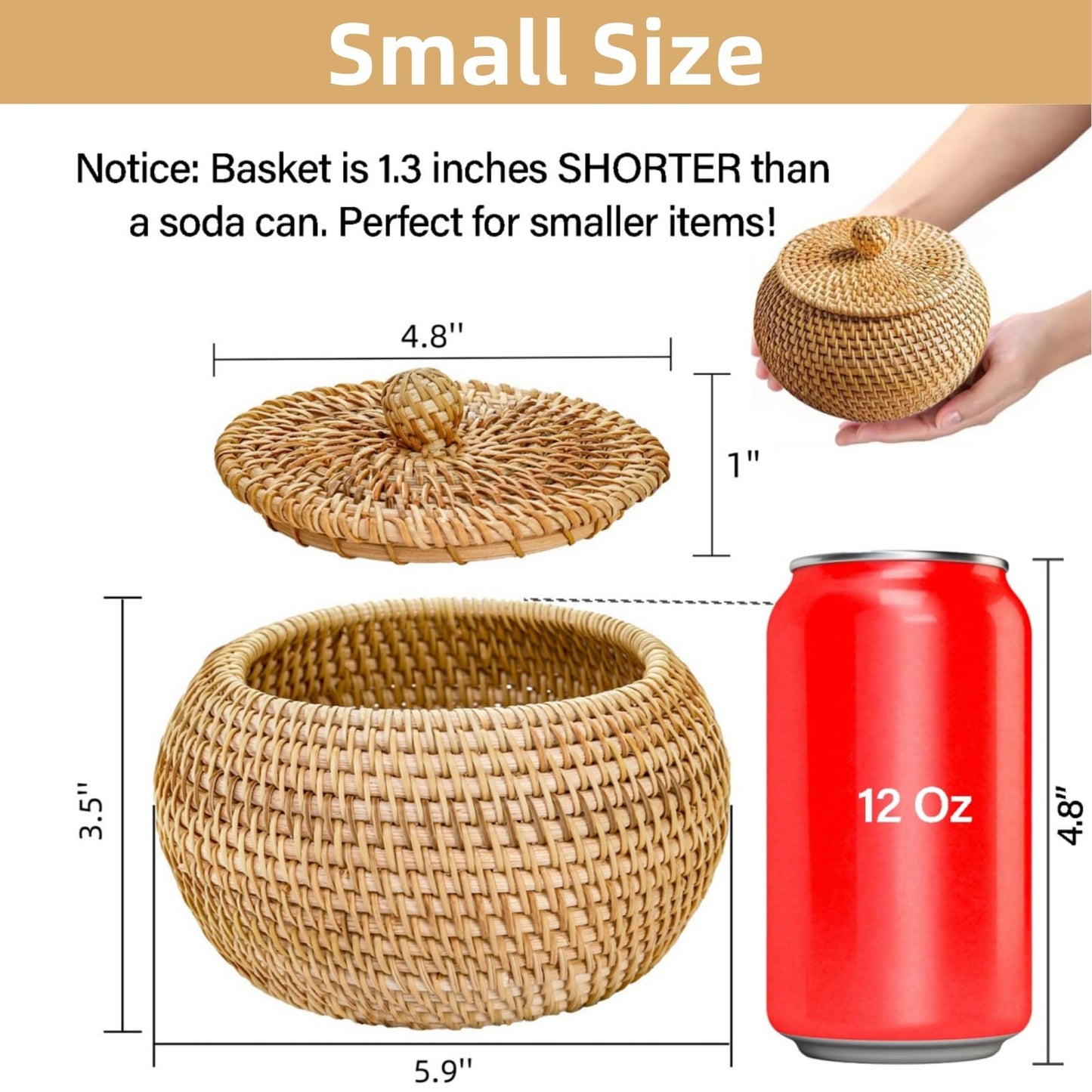 WRINGKIT Small Rattan Basket Box with Lid, Handmade Woven
