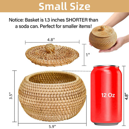 WRINGKIT Small Rattan Basket Box with Lid, Handmade Woven