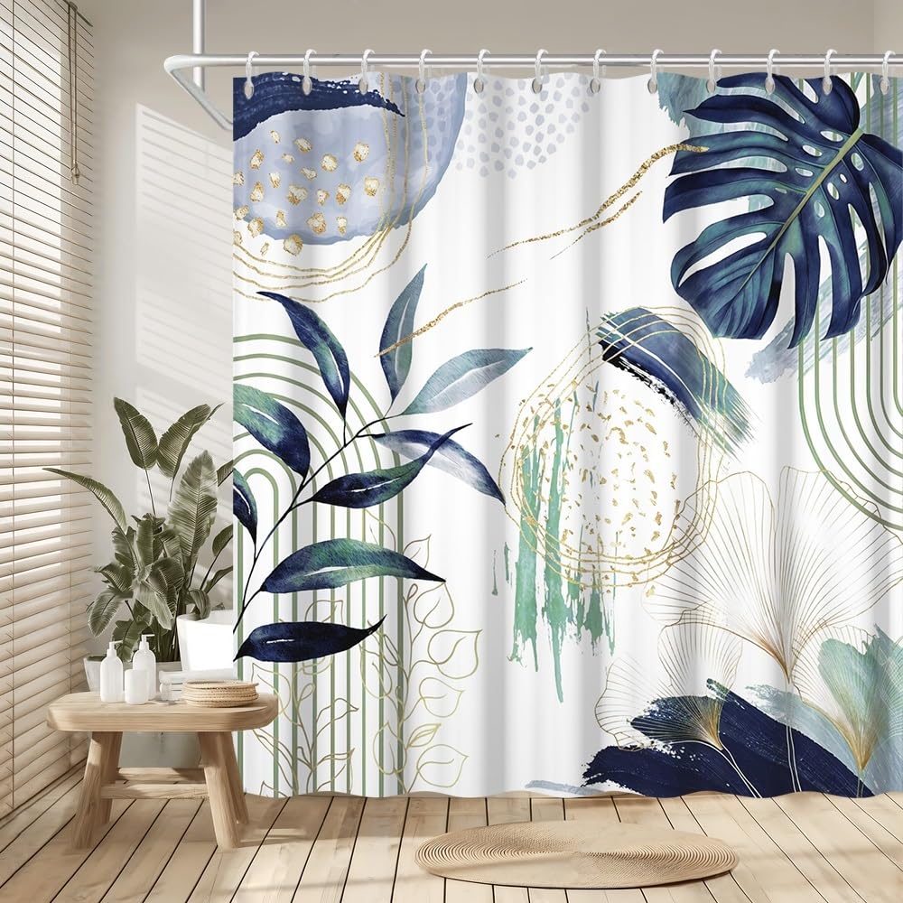 Uiiooazy Anti-Mould Shower Curtain, 180 x 220 cm, Navy Blue, Tropical Palm Leaves, Jungle Boho Bath Curtain, Washable Fabric, Waterproof