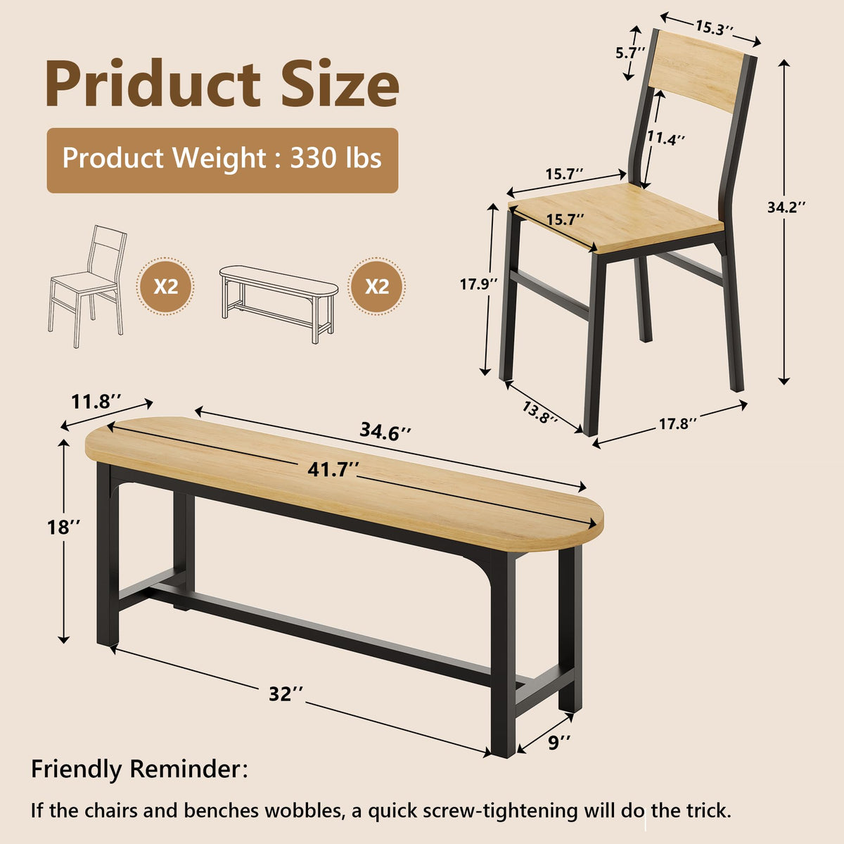 Feonase Dining Chairs Set of 4, Dining Room Chairs with 2 Ergonomic Chairs & 2 Benches, MDF Board and Metal Frame, Kitchen Chairs for Home, Apartment