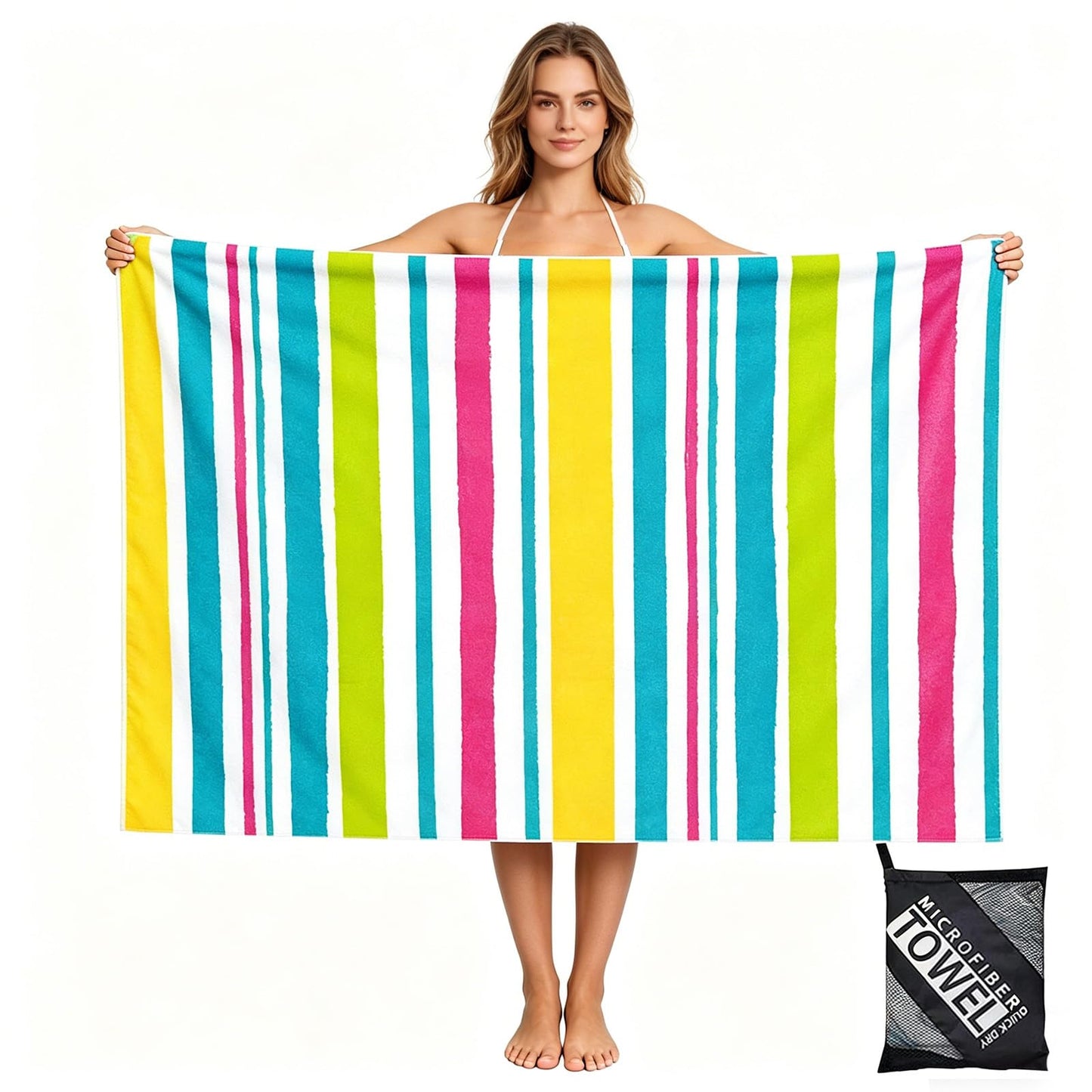 Large Quick Dry Microfibre Beach Towels for Adult,160X90cm Double Sides Pastel Stripe Bath Towel Travel Towels with Pocket,Lightweight Beach Towel